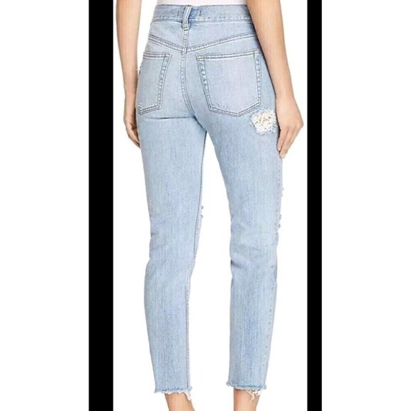 Free People Distressed Jeans Size 27 Crochet Lace Relaxed Ella Blue  Raw Hem - Picture 2 of 14